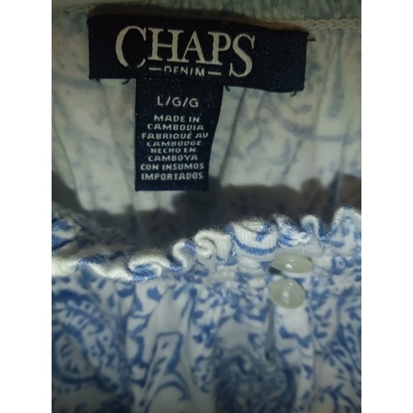 Chaps Womens Blue White Paisley Peasant Blouse Smocked Hem Top Size L - Picture 2 of 4